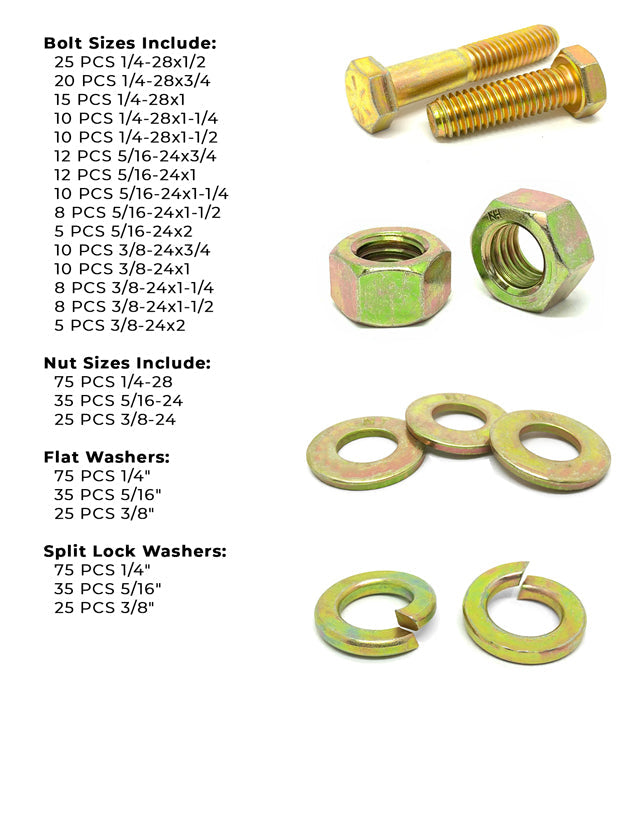 Inch Grade 8 Fine Hex Cap Screws, Nylon Nuts, Flat & Lock Washers - 574 PCS