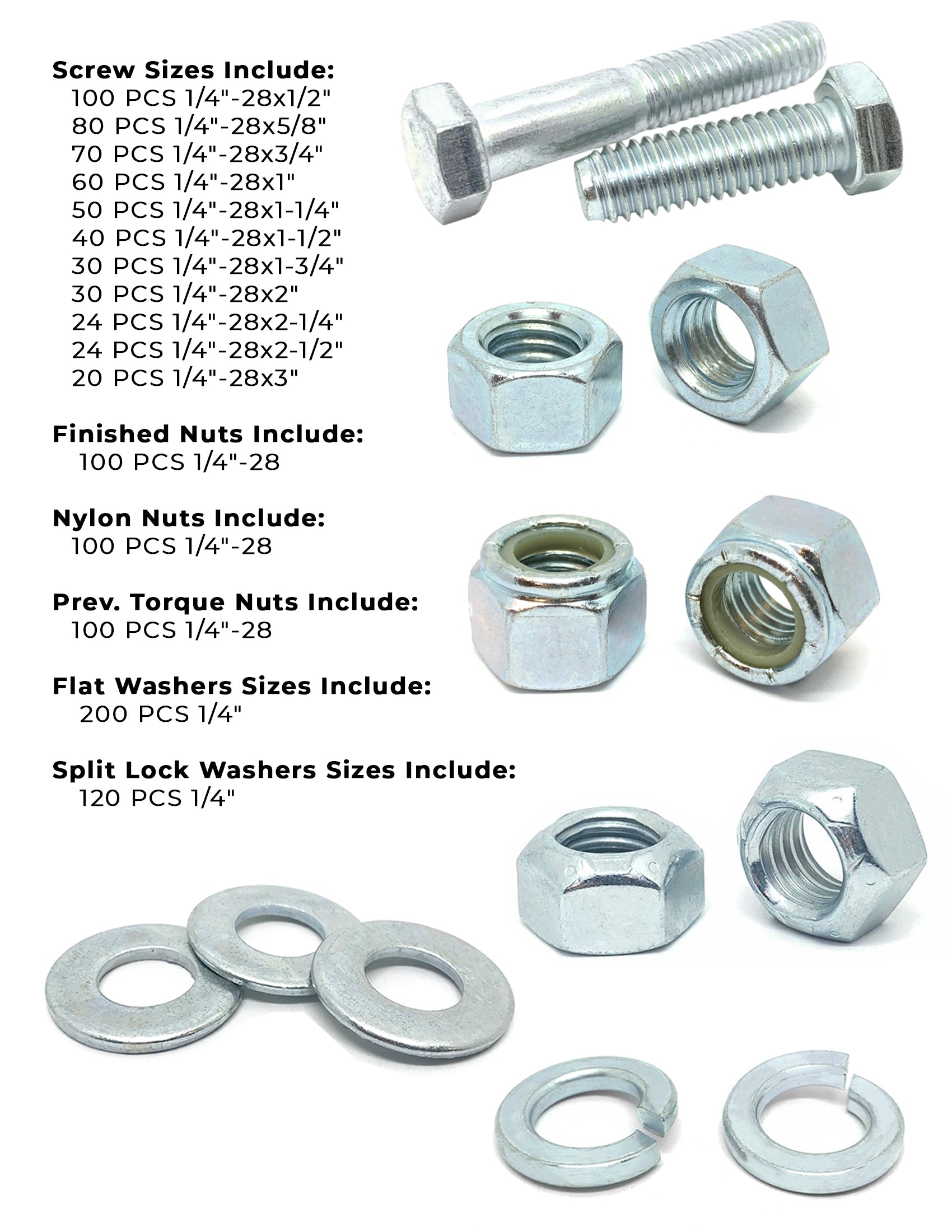 1/4"-28 Fine Grade 5 Hex Cap Screws, Nuts, & Washers - 1149 PCS