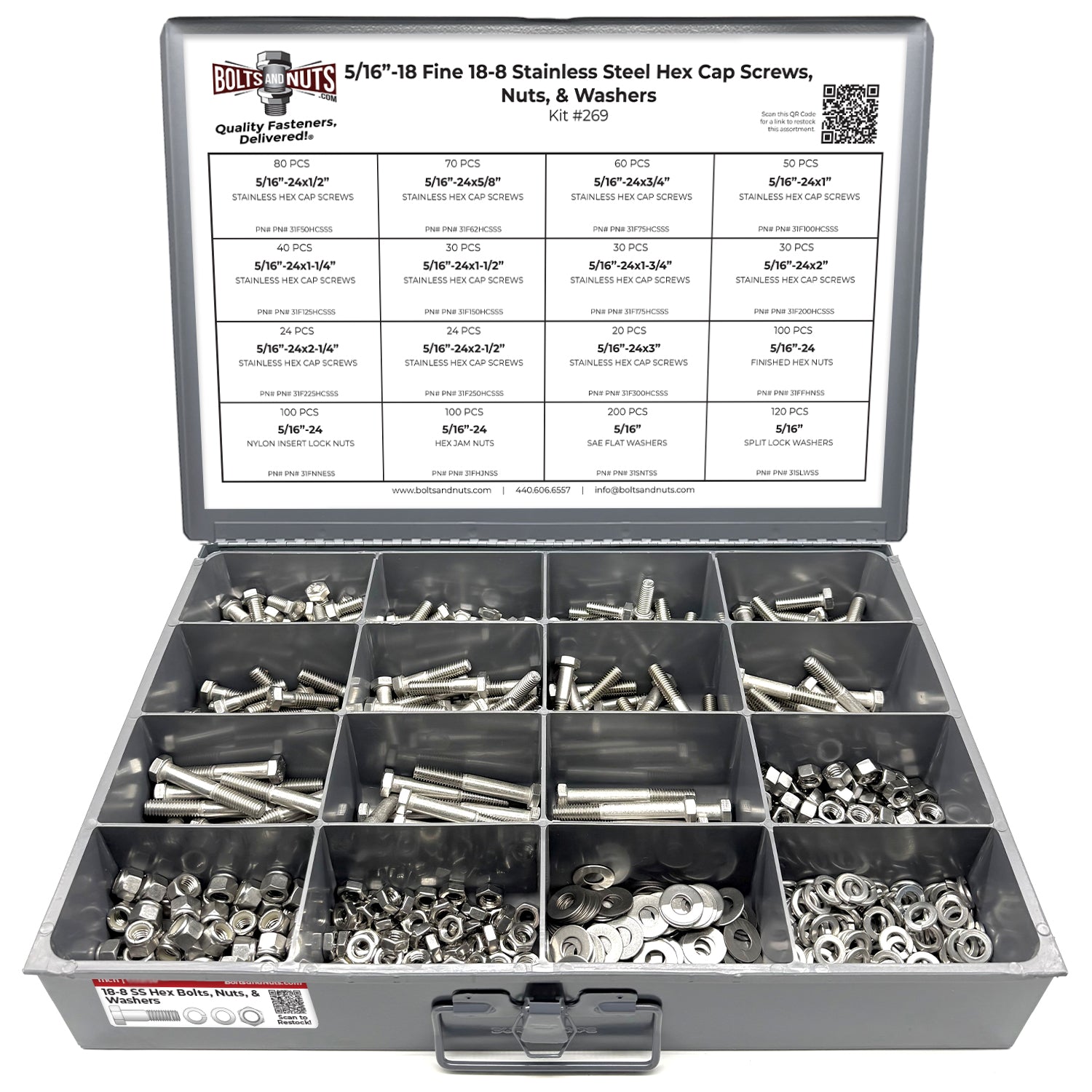 5/16"-24 Fine 18-8 Stainless Steel Hex Cap Screws, Nuts, & Washers - 1079 PCS