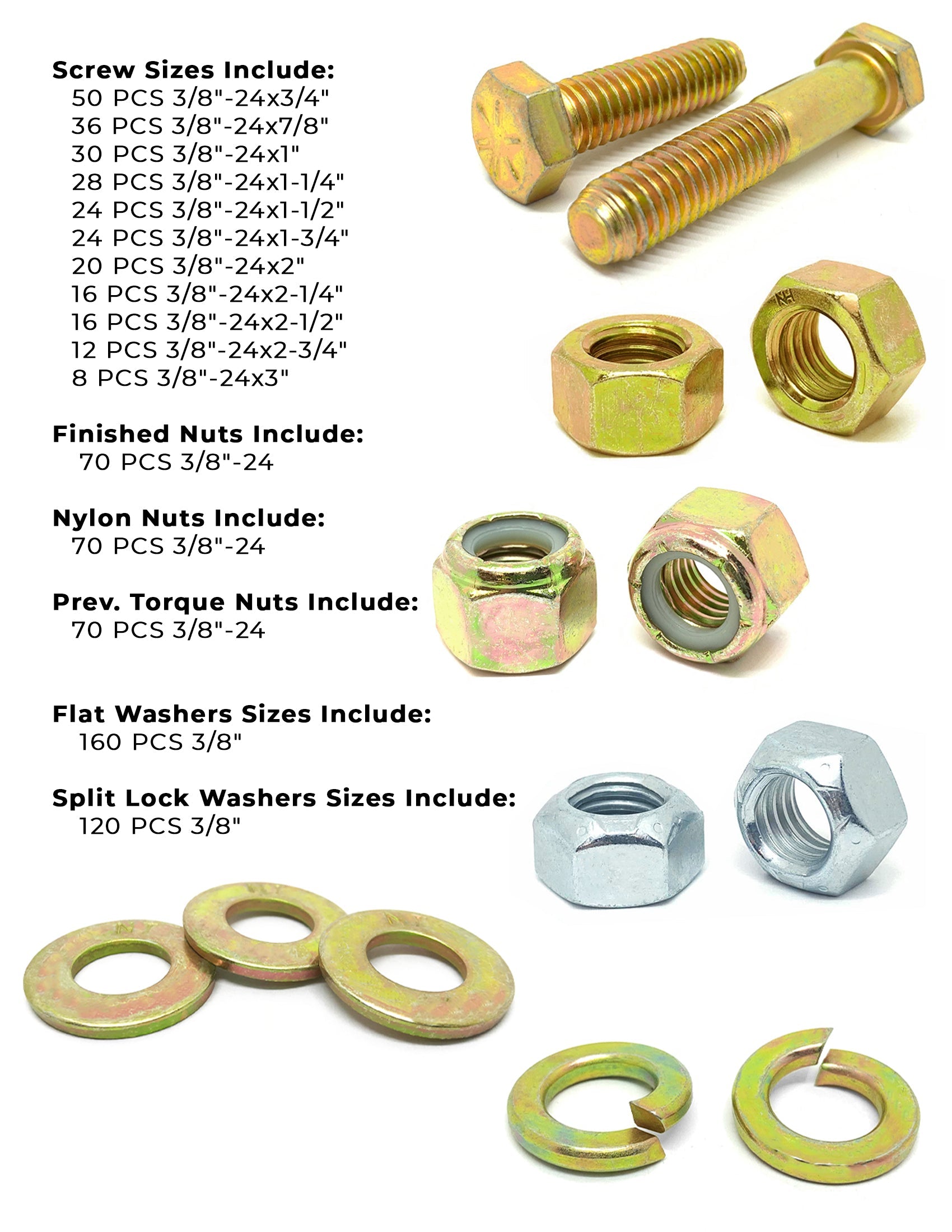 3/8"-24 Fine Grade 8 Hex Cap Screws, Nuts, & Washers - 754 PCS