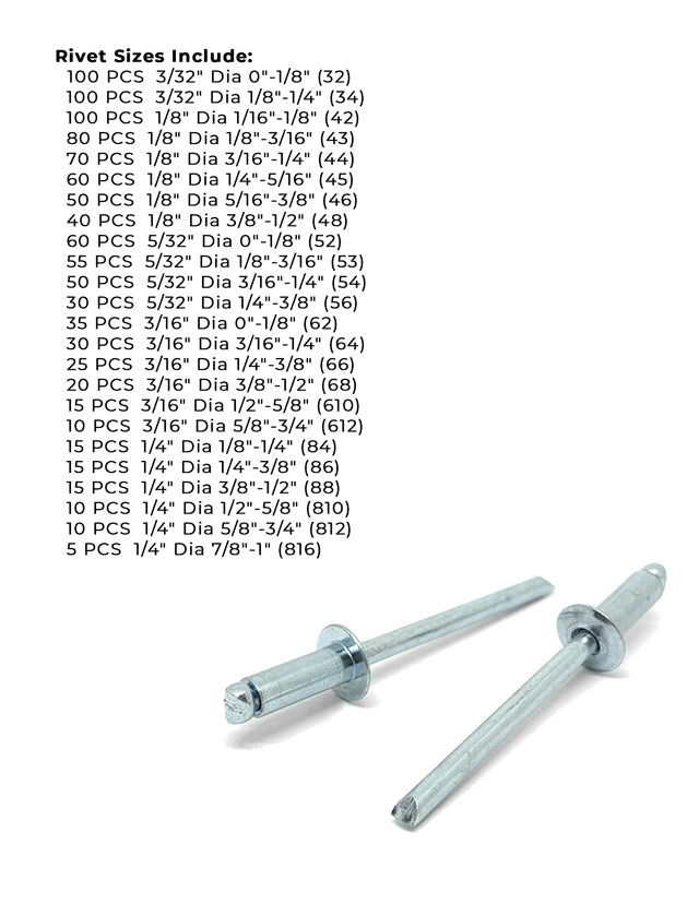 Dome Head Blind Pop Rivets Steel/Steel Mandrel Zinc Clear Assortment with Hand Rivet Tool- 1002PCS