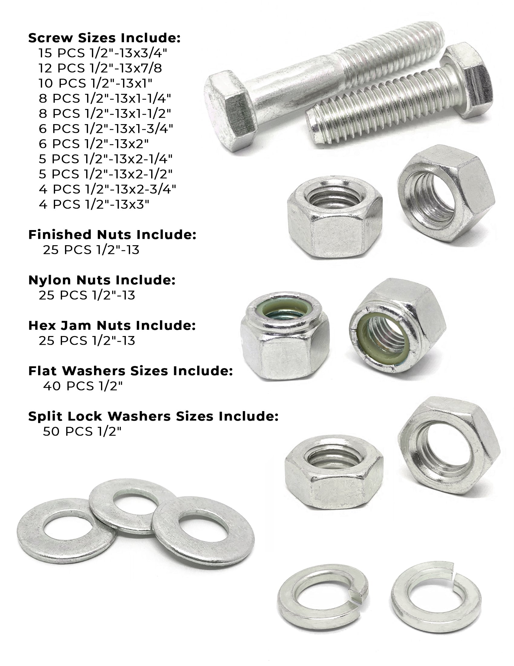 1/2"-13 Coarse 18-8 Stainless Steel Hex Cap Screws, Nuts, & Washers - 249 PCS