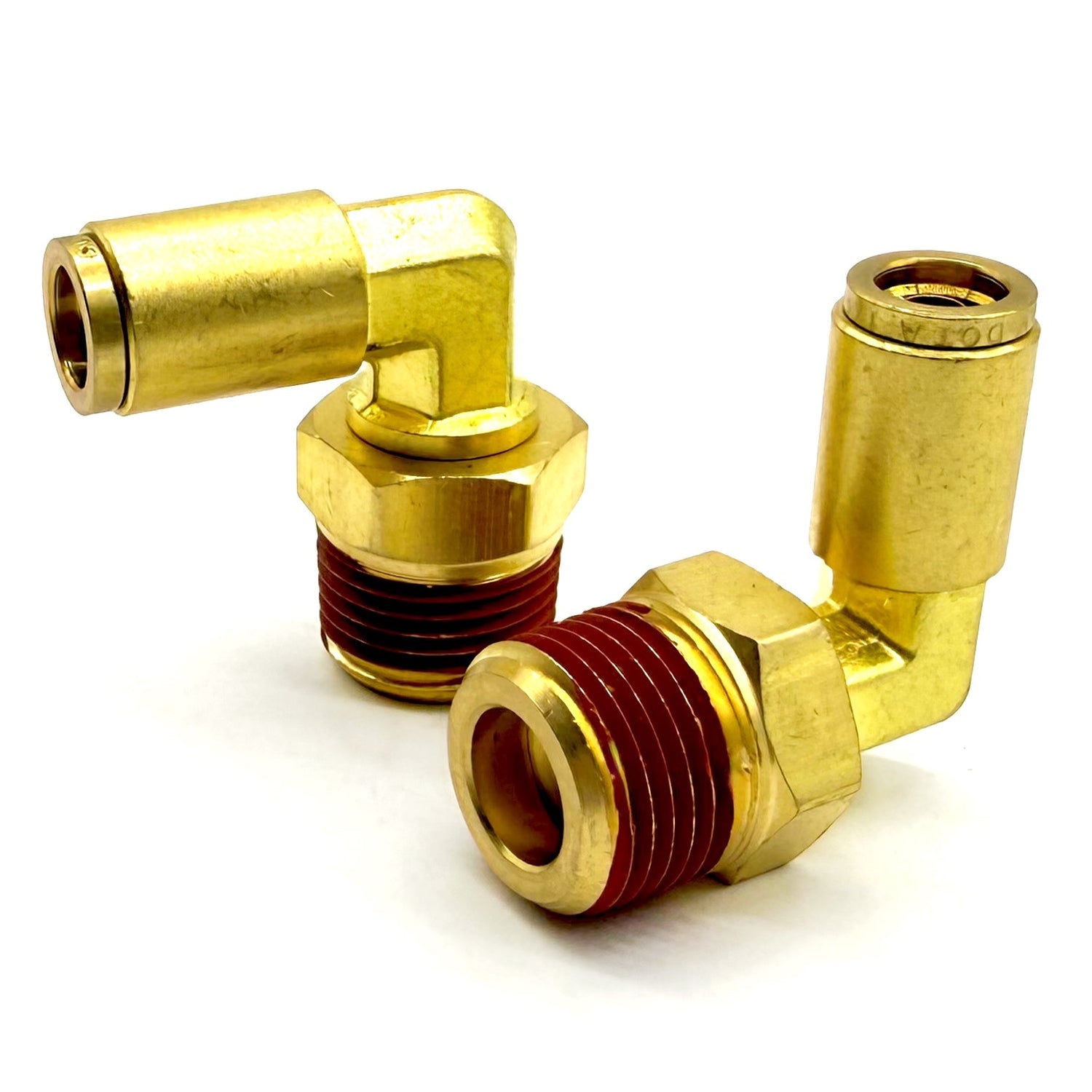 1/2" Tube to 1/4" NPT 90 Degree Elbow Male Pipe Connector, Brass D.O.T. Push to Connect Air Brake Fitting with Red Acrylic Thread Sealant