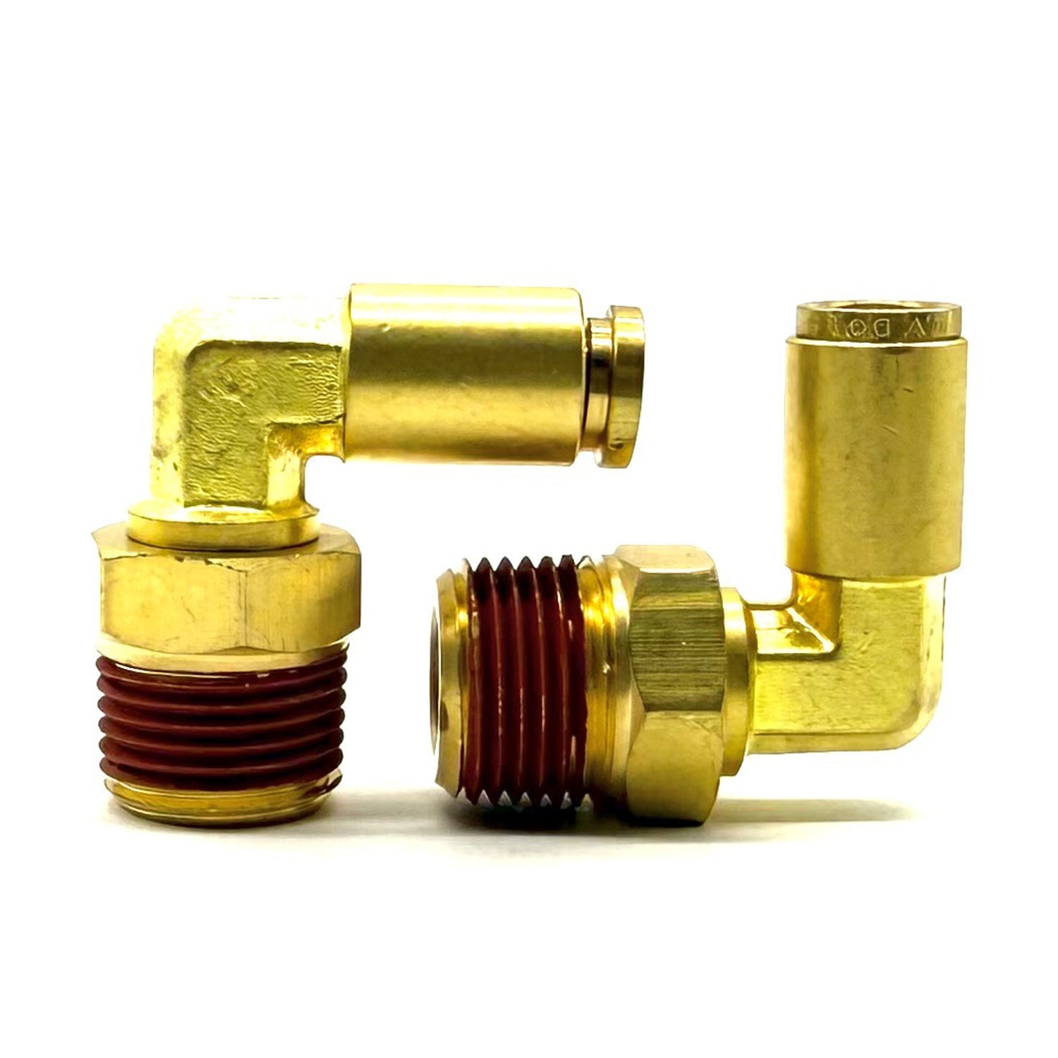 1/8" Tube to 1/4" NPT 90 Degree Elbow Male Pipe Connector, Brass D.O.T. Push to Connect Air Brake Fitting with Red Acrylic Thread Sealant