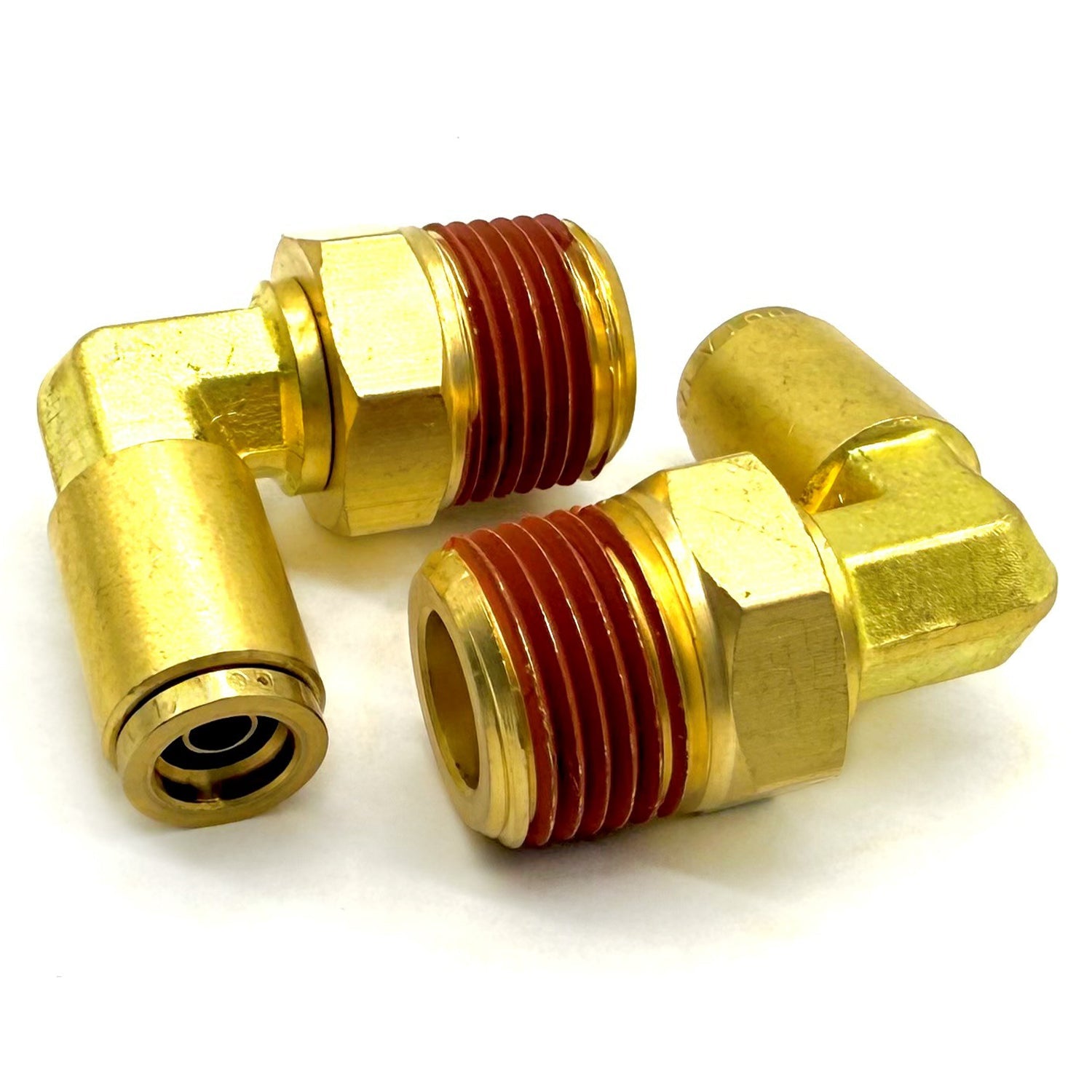 1/2" Tube to 1/4" NPT 90 Degree Elbow Male Pipe Connector, Brass D.O.T. Push to Connect Air Brake Fitting with Red Acrylic Thread Sealant