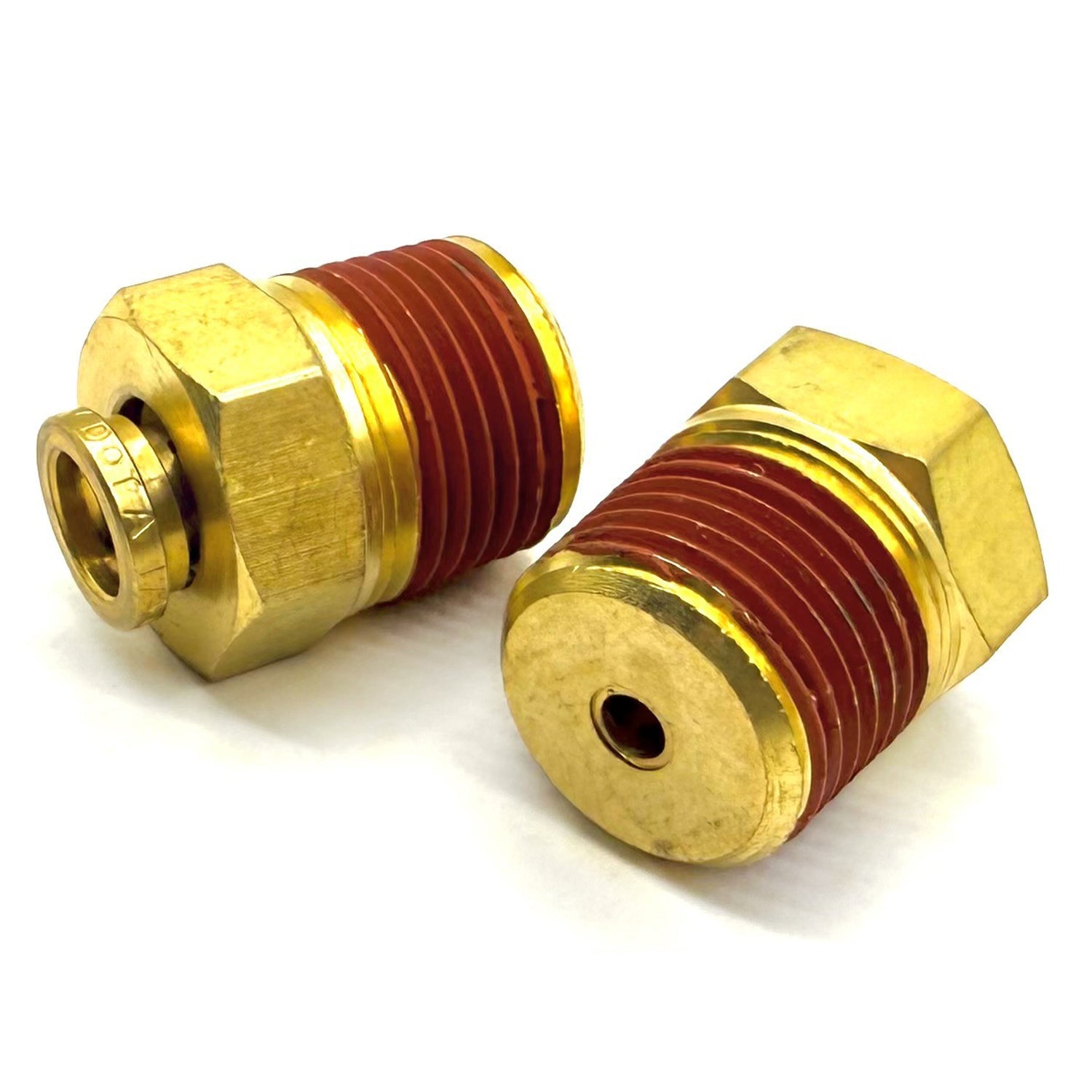 1/4" Tube to 1/8" NPT Straight Male Pipe Connector, Brass D.O.T. Push to Connect Air Brake Fitting with Red Acrylic Thread Sealant