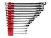 Long Fixed/Flex Head 12-Point Ratcheting Box End Wrench Set with Modular Organizers, 19-Piece (6-24 mm)